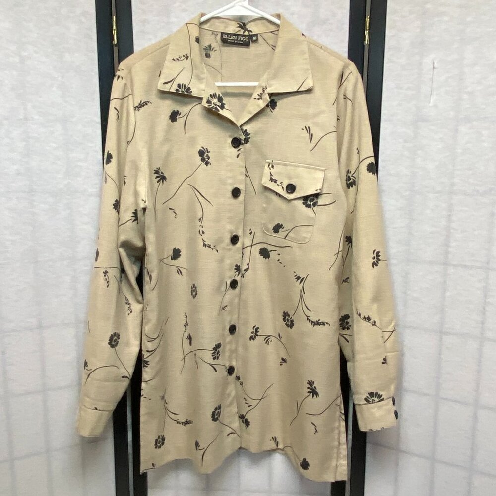 Ellen Figg Vintage Boho Lagenlook Beige Black Flax Blend Tunic Top 10 Button Up